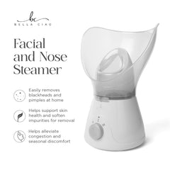 Bella Ciao face steamer on dresser with towel demonstrates ready-for-use hydration and relaxation.