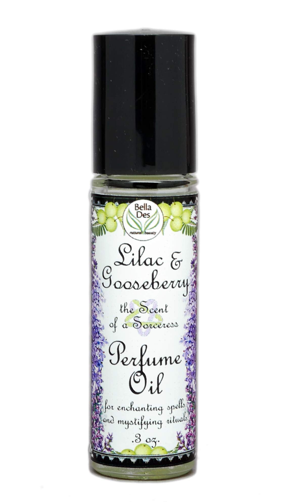 BELLA DES NATURAL BEAUTY Lilac Gooseberry perfume oil bottle closeup for travel-ready scent refresh.