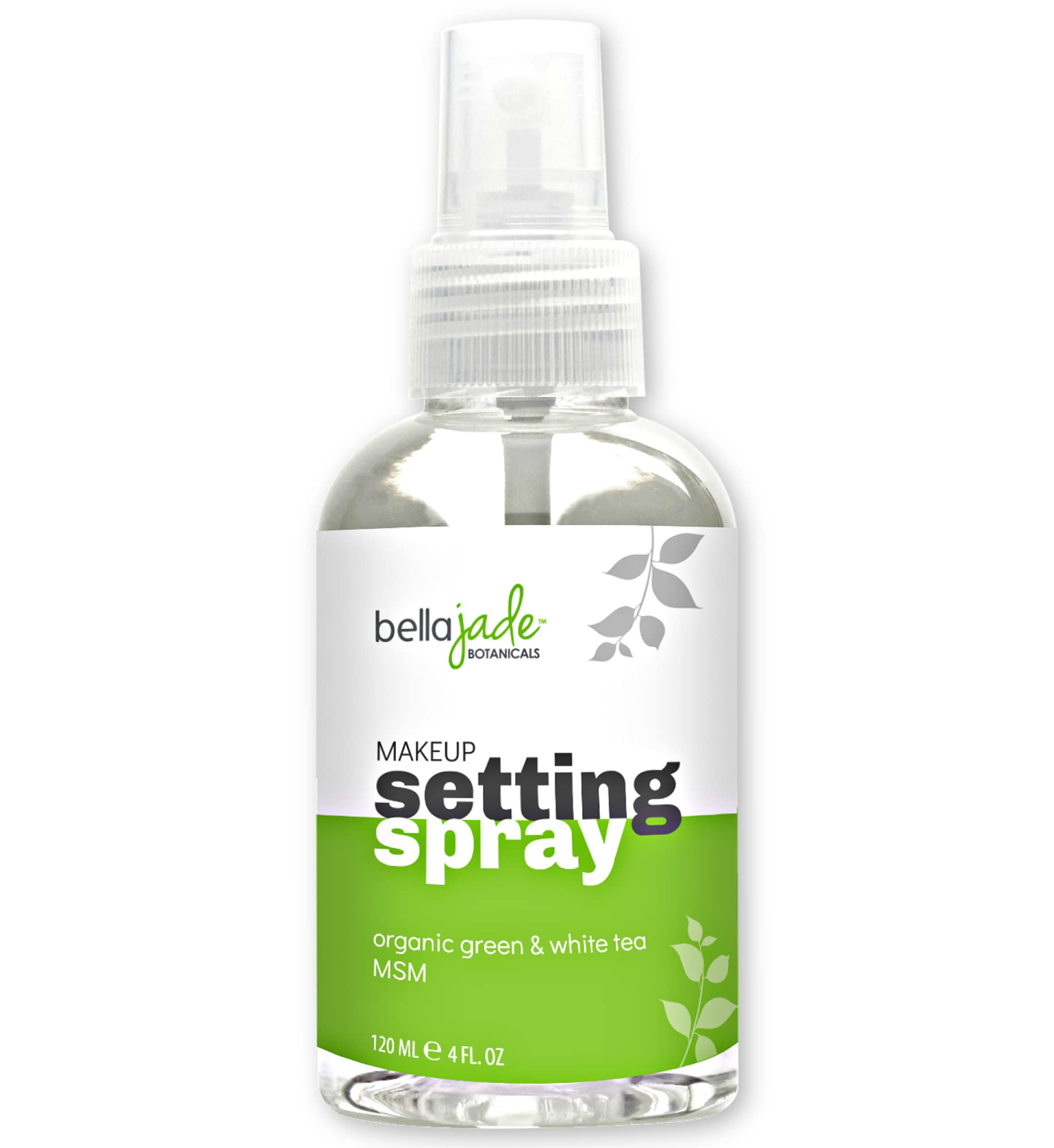 Bella Jade makeup setting spray bottle releasing a fine mist for all-day hydration