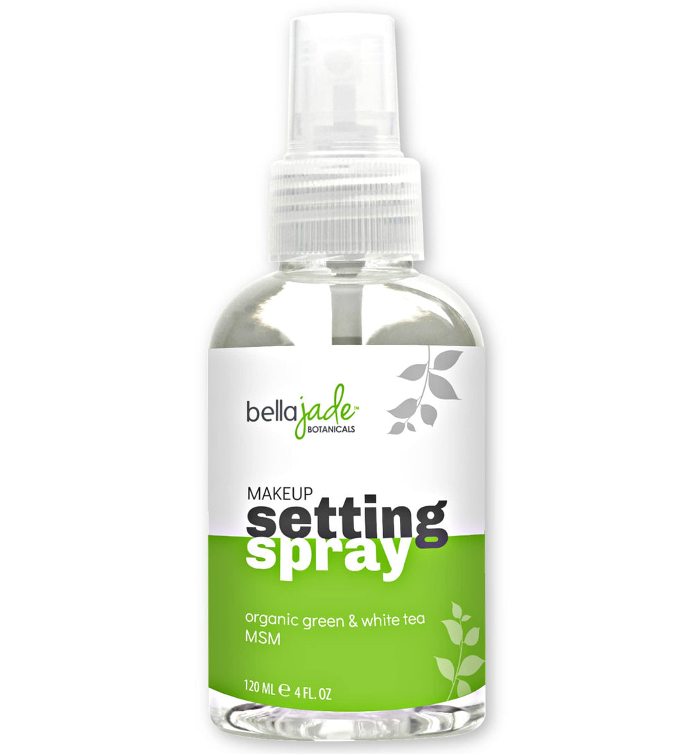 Bella Jade makeup setting spray bottle releasing a fine mist for all-day hydration