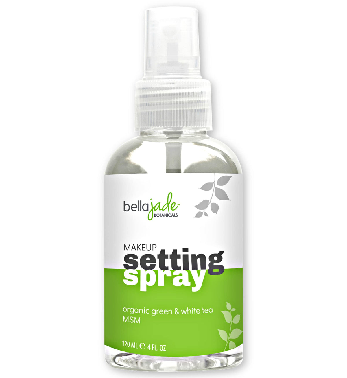 Bella Jade makeup setting spray bottle releasing a fine mist for all-day hydration
