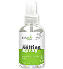 Bella Jade makeup setting spray bottle releasing a fine mist for all-day hydration