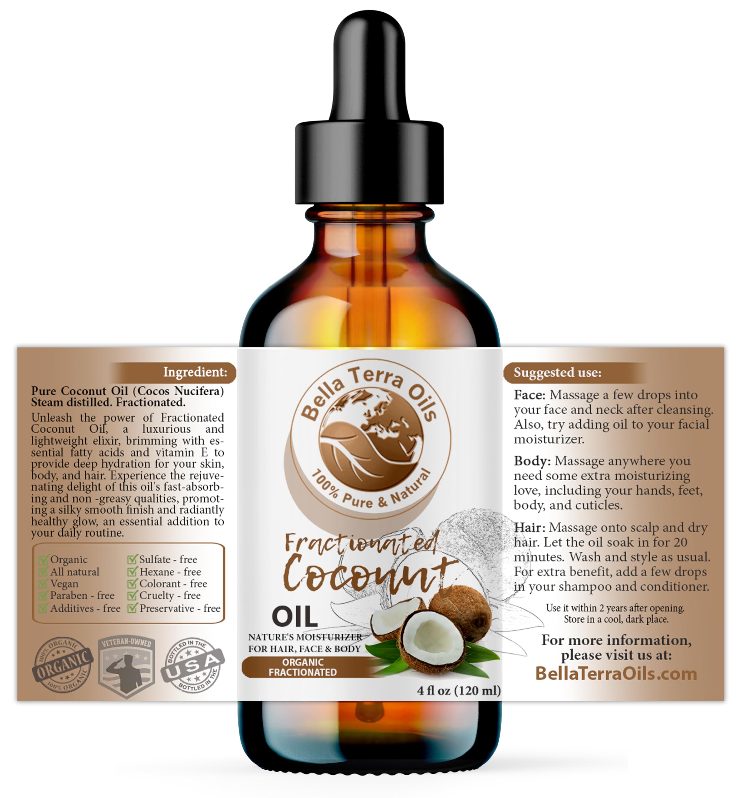 Bella Terra Oils close-up showing clear, lightweight MCT formula for daily skin care.