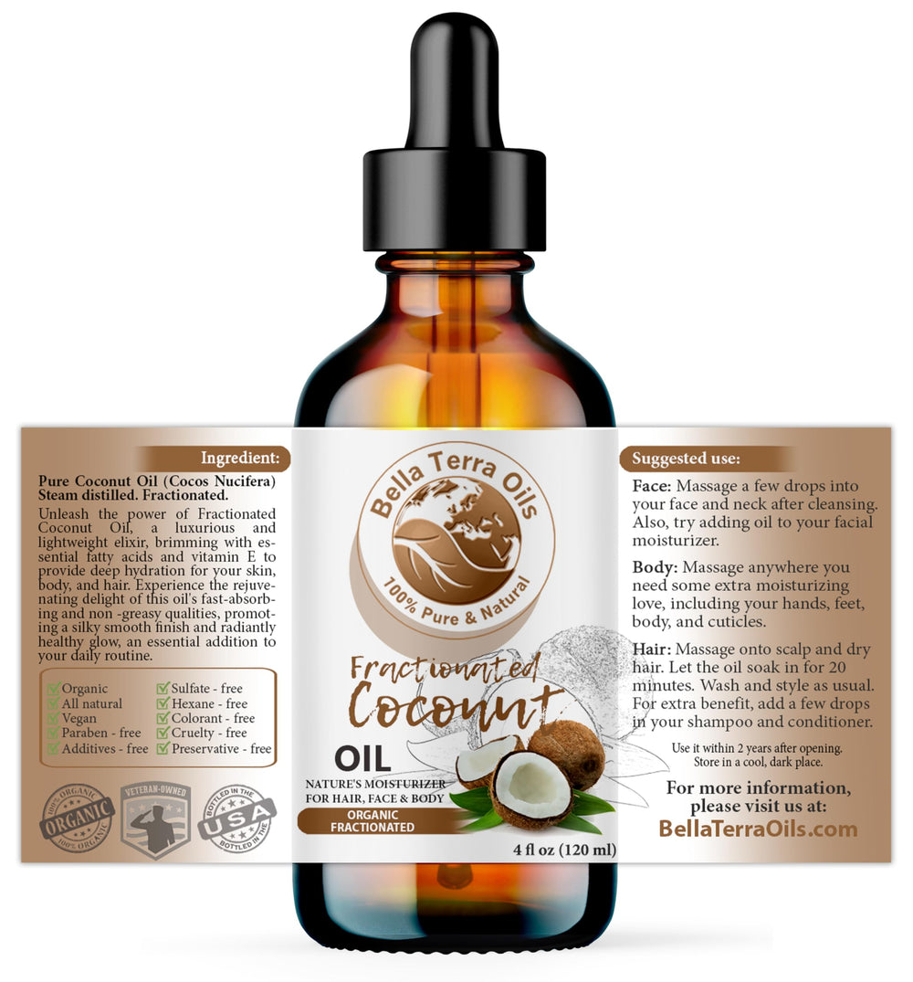 Bella Terra Oils close-up showing clear, lightweight MCT formula for daily skin care.