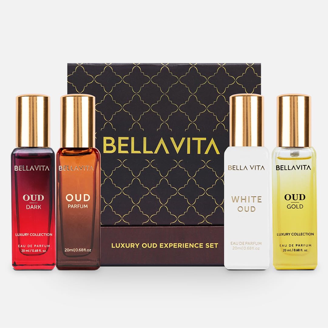 BellaVita Luxury OUD Experience Gift Set flatlay shows four unisex oud perfumes for versatile gifting