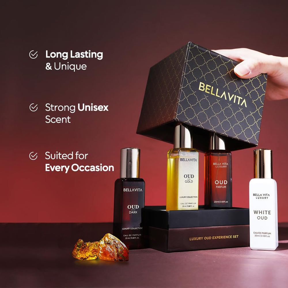 BellaVita Luxury OUD notes image highlighting caramel orris vetiver and citrus complex aroma