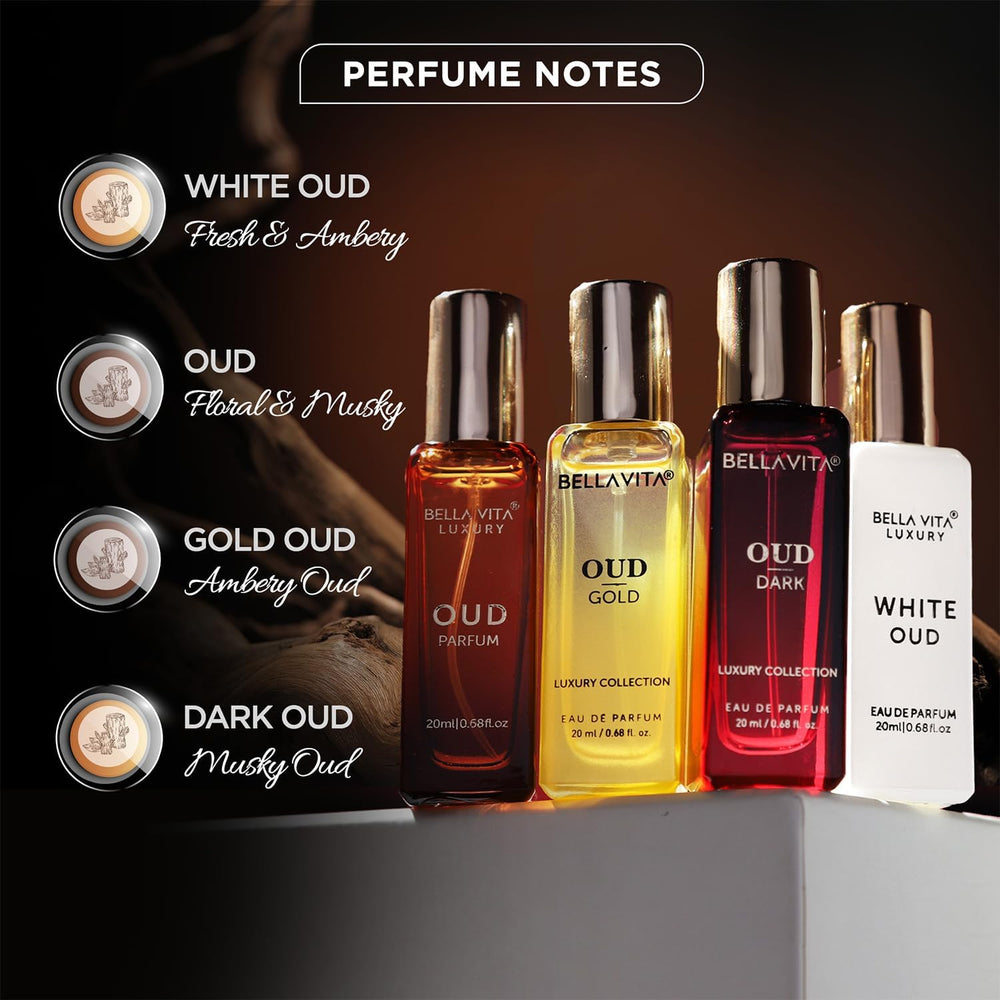 BellaVita Luxury OUD travel bottles in pouch illustrating portable fragrance on the go