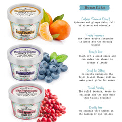 Bella and Bear Tutti Frutti Shower Jellies Blueberry Cobbler scent closeup, cozy shower moment.