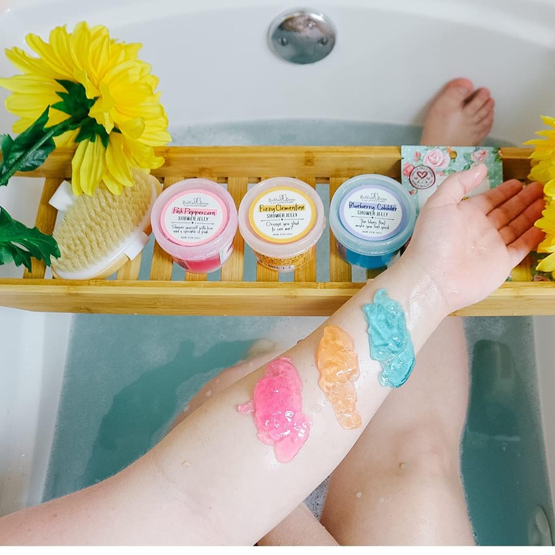 Bella and Bear Tutti Frutti Shower Jellies Fizzy Clementine scent closeup, fruity bath ritual.