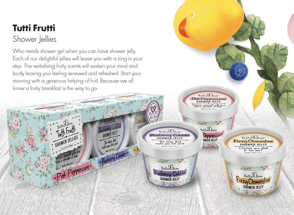 Bella and Bear Tutti Frutti Shower Jellies Pink Peppercorn scent closeup, playful morning routine.