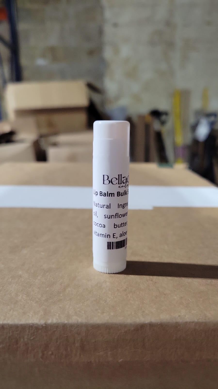 Belladonna lip balm bulk wedding favors display with vanilla scent.
