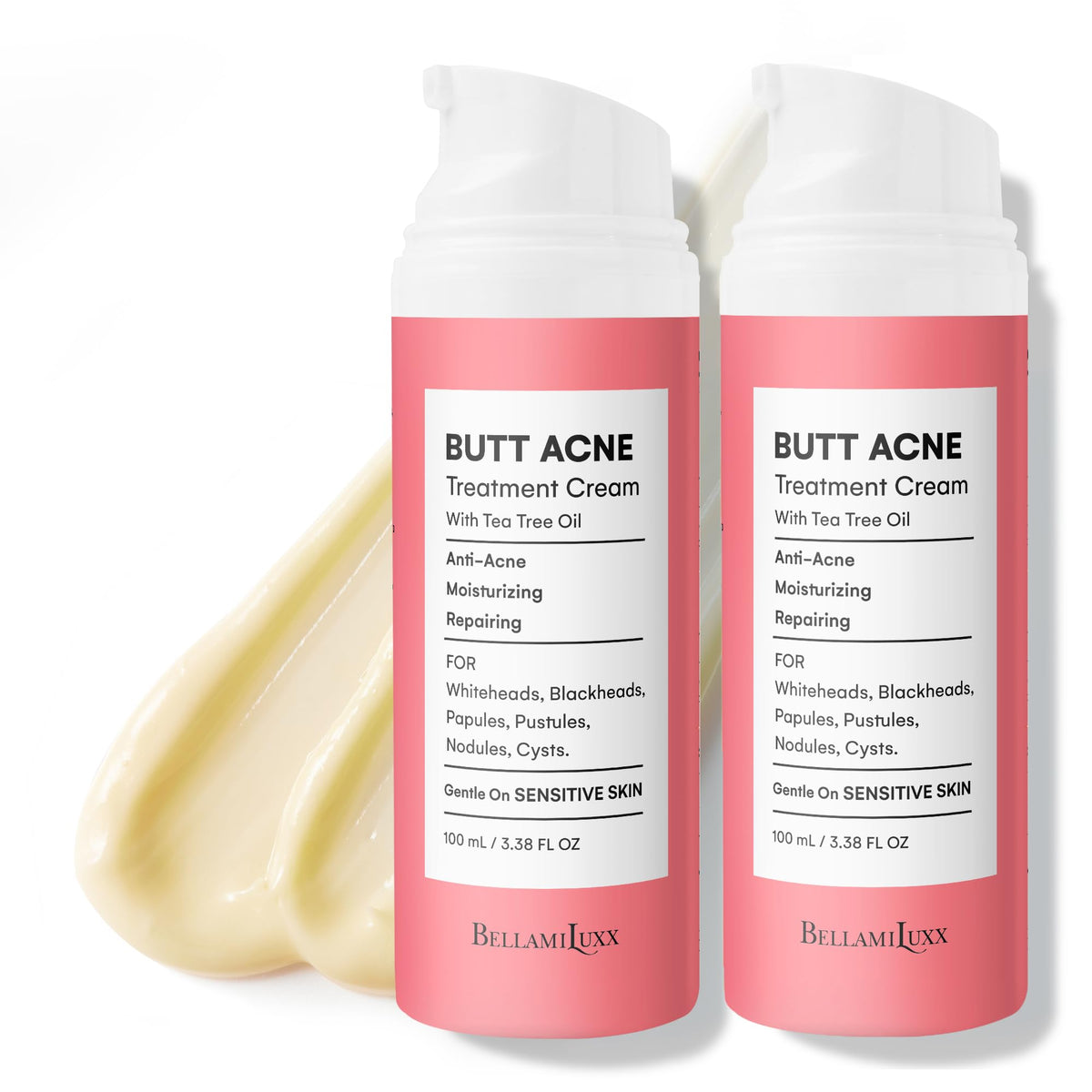 BellamiLuxx butt acne cream bottle shows targeted treatment for smoother skin