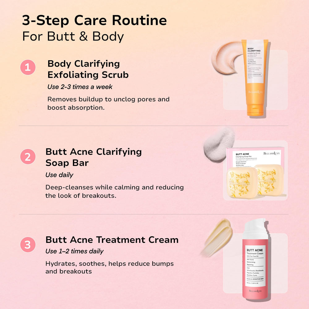 BellamiLuxx butt acne cream with hyaluronic acid provides hydration benefits.