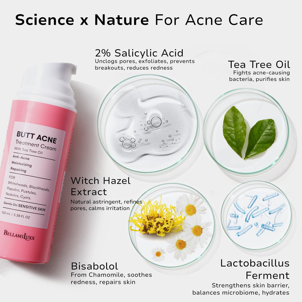 BellamiLuxx cream texture spread demonstrates application for folliculitis-prone skin