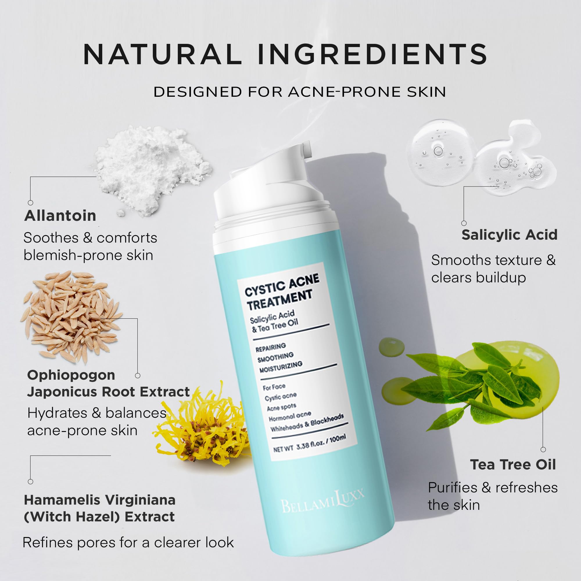 BellamiLuxx cystic acne blemish close-up highlights soothing formula.