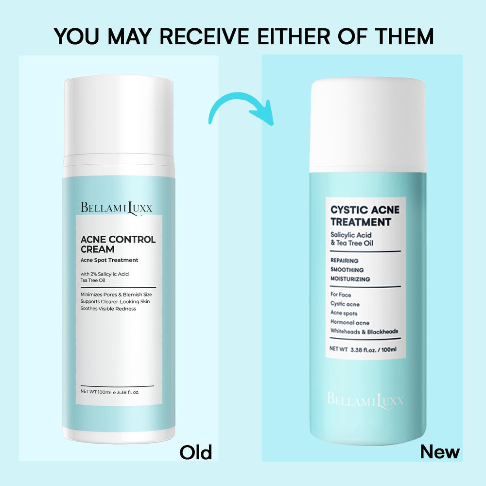 BellamiLuxx cystic acne cream tube ready for spot treatment and daily use.