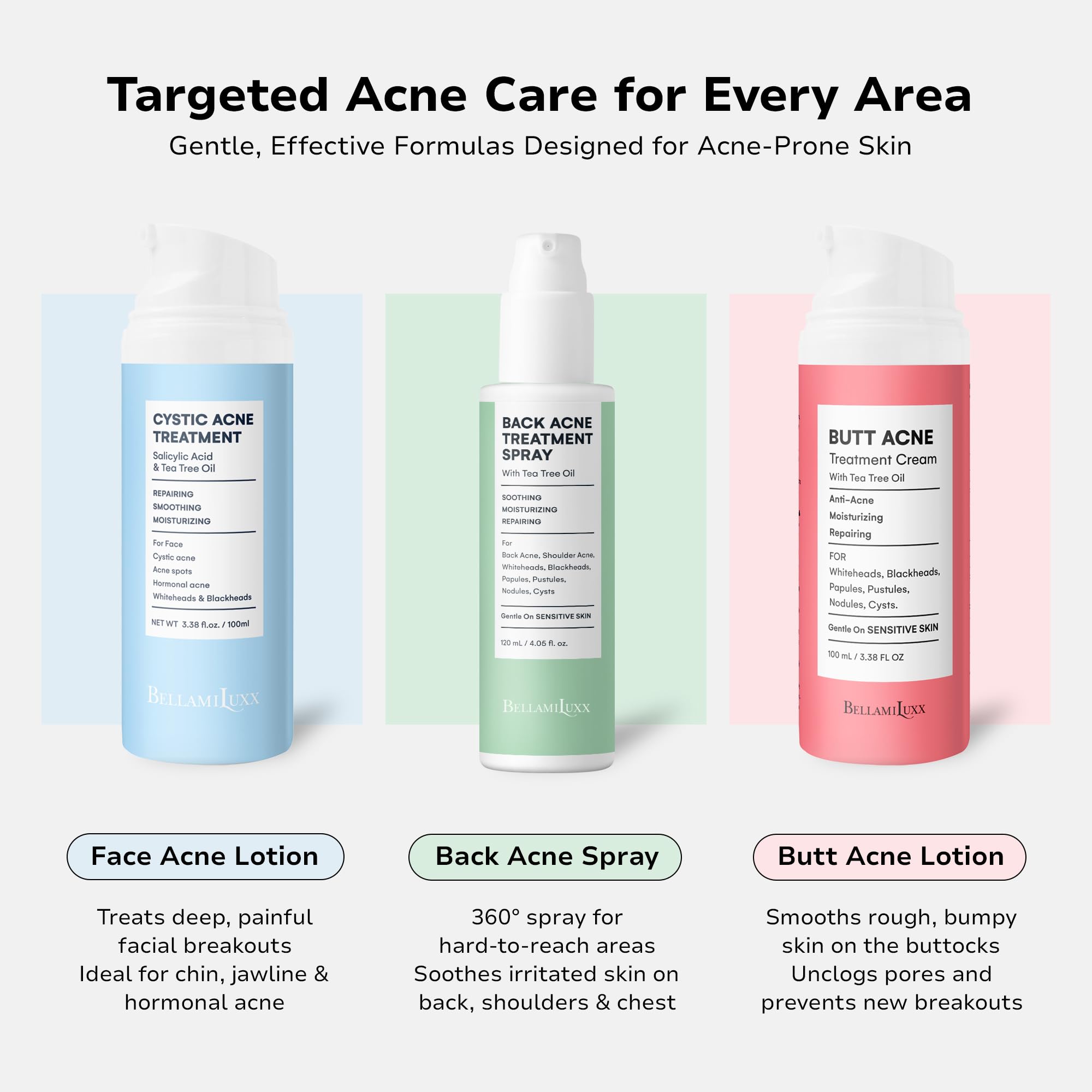BellamiLuxx cystic acne hydration shot demonstrates skin-friendly non-clogging formula.