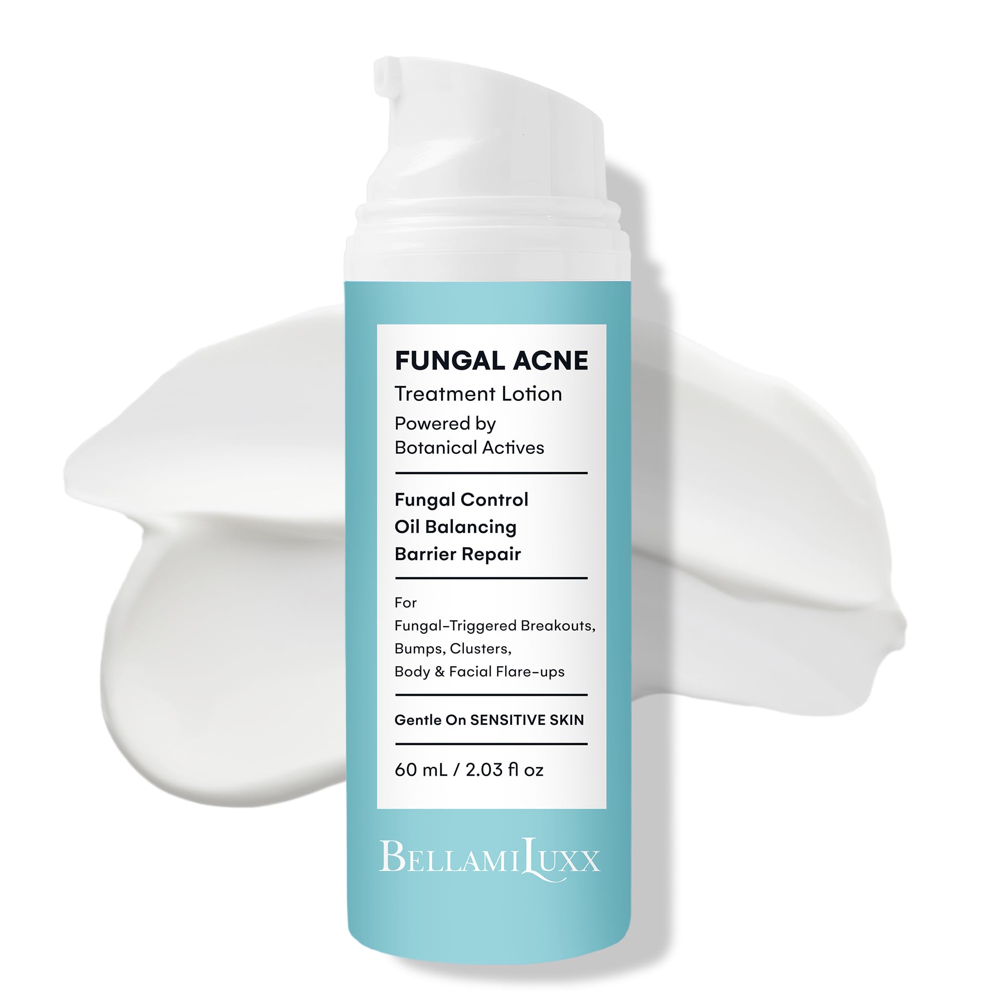 BellamiLuxx fungal-acne-lotion-bottle demonstrates lightweight, non-greasy daily use for fungal-prone skin.