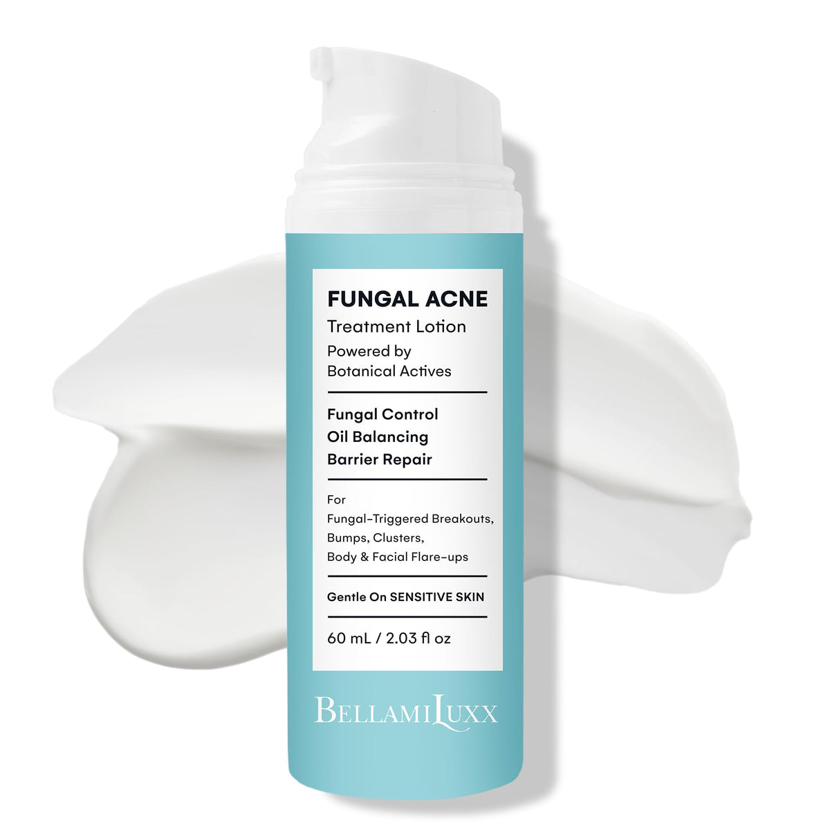 BellamiLuxx fungal-acne-lotion-bottle demonstrates lightweight, non-greasy daily use for fungal-prone skin.