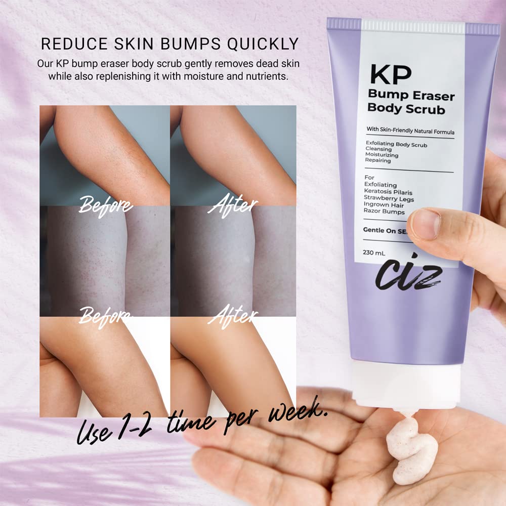 BellamiLuxx KP Bump Eraser Scrub bottle highlights hydrating botanicals for moisturized skin.