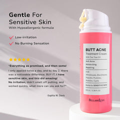 BellamiLuxx tea tree oil ingredient bottle emphasizes antibacterial benefits for clear pores