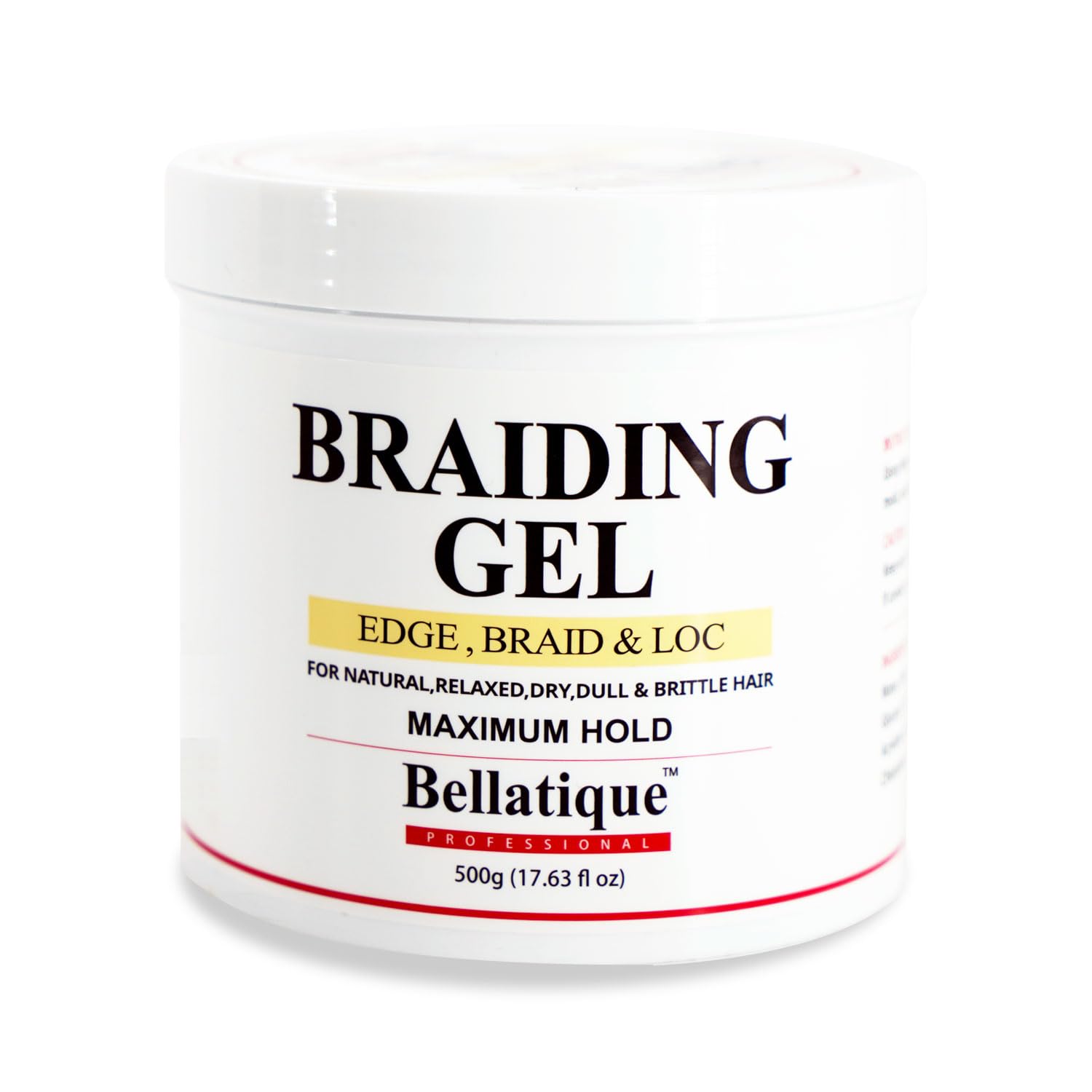 Bellatique professional braiding gel jar highlights maximum hold and glossy finish.