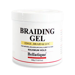 Bellatique professional braiding gel jar highlights maximum hold and glossy finish.