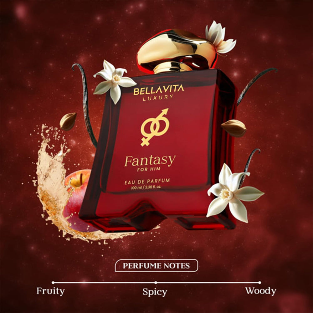 BELLAVITA Fantasy perfume cedar-note visual—bold masculine aura for daytime wear.
