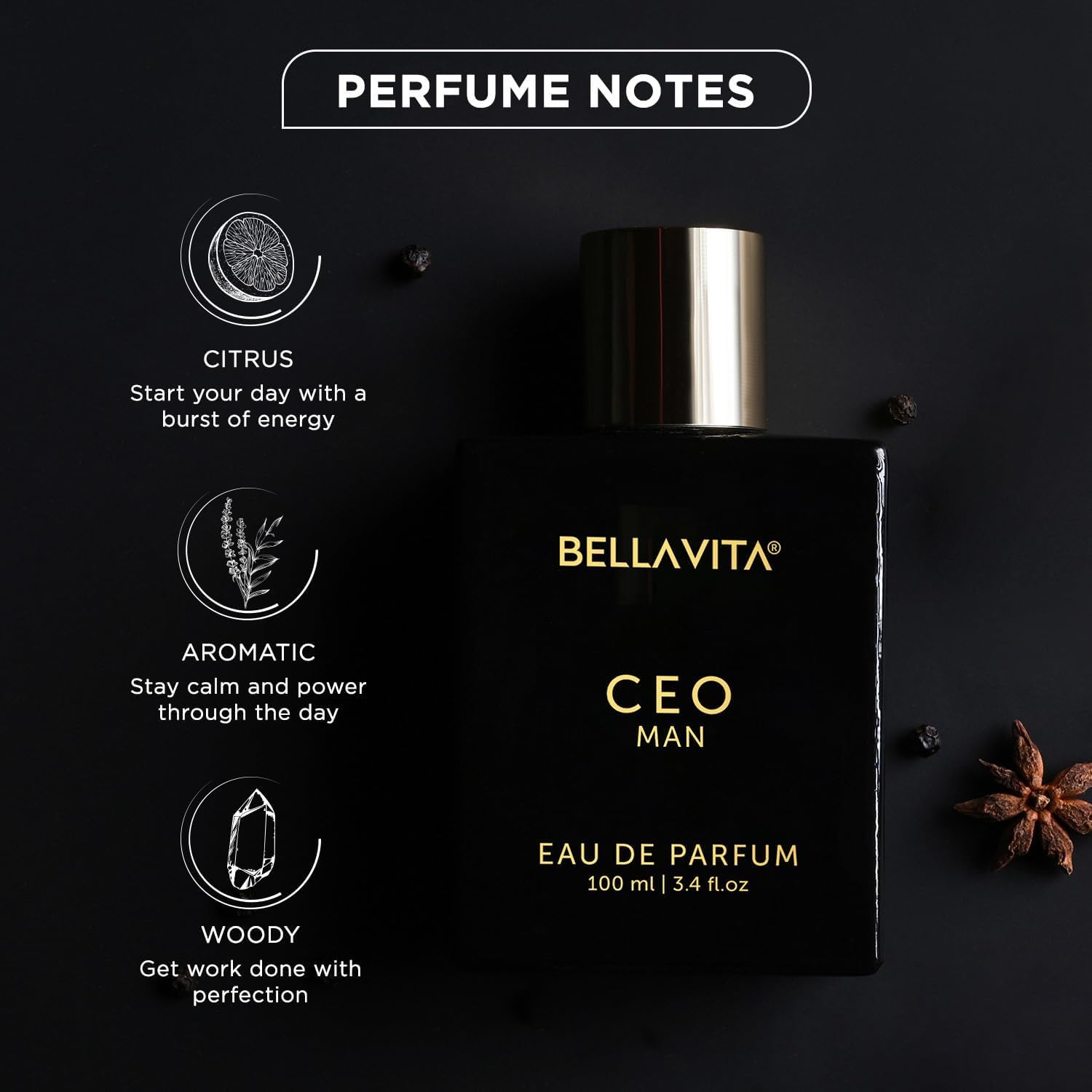 Bella Vita Luxury CEO perfume lifestyle shot evoking confident evening events