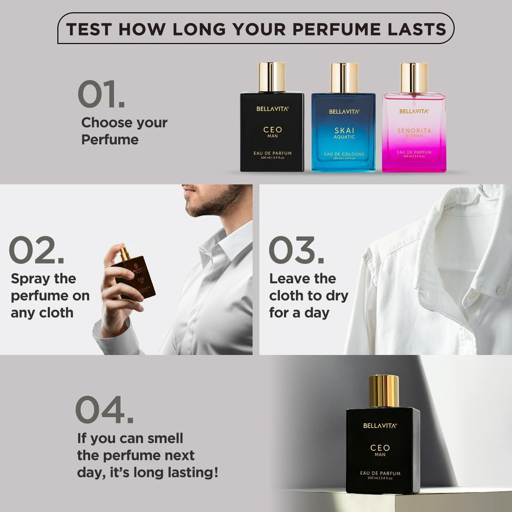 Bella Vita Luxury CEO perfume note card beside bottle highlights luxury