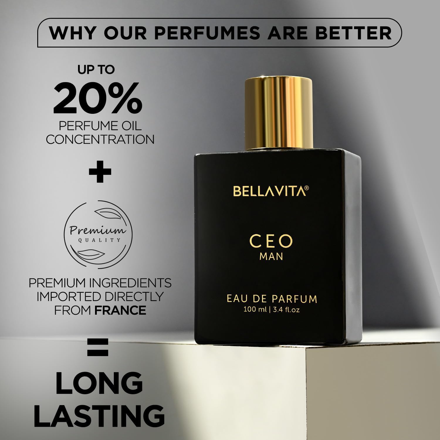 Bella Vita Luxury CEO perfume silhouette under warm lighting for sophistication