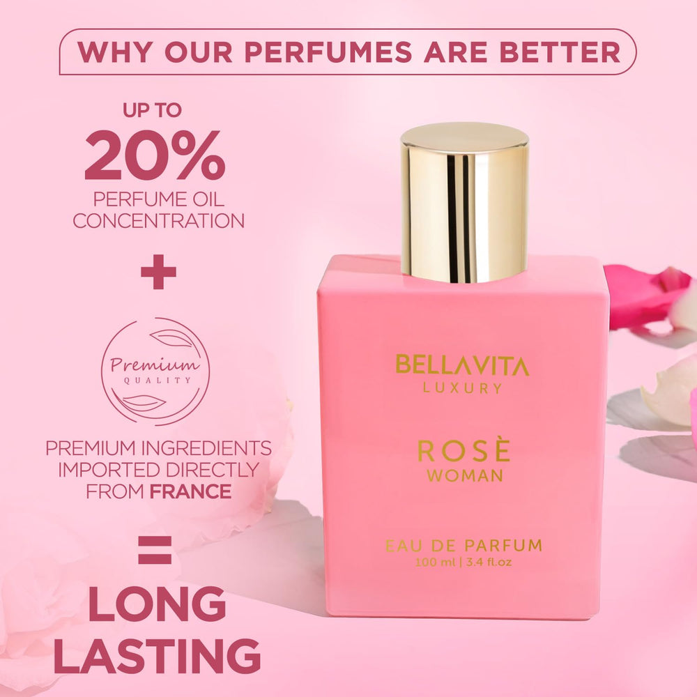 BellaVita Luxury Rose jasmine note adds bright floral clarity for daytime outfits.