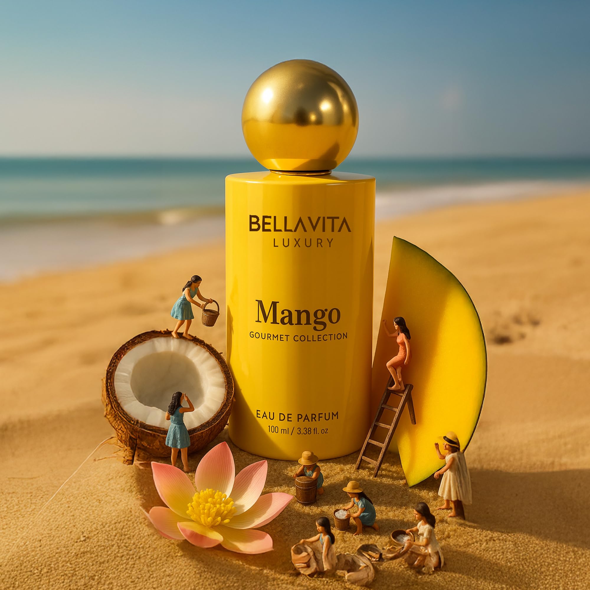 Bellavita Mango EDP base notes of benzoin, vanilla, sandalwood for lasting allure.
