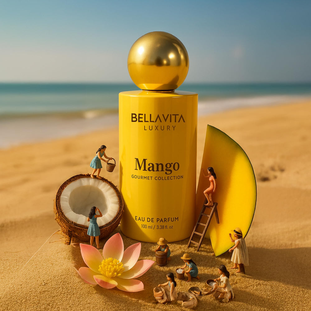 Bellavita Mango EDP base notes of benzoin, vanilla, sandalwood for lasting allure.