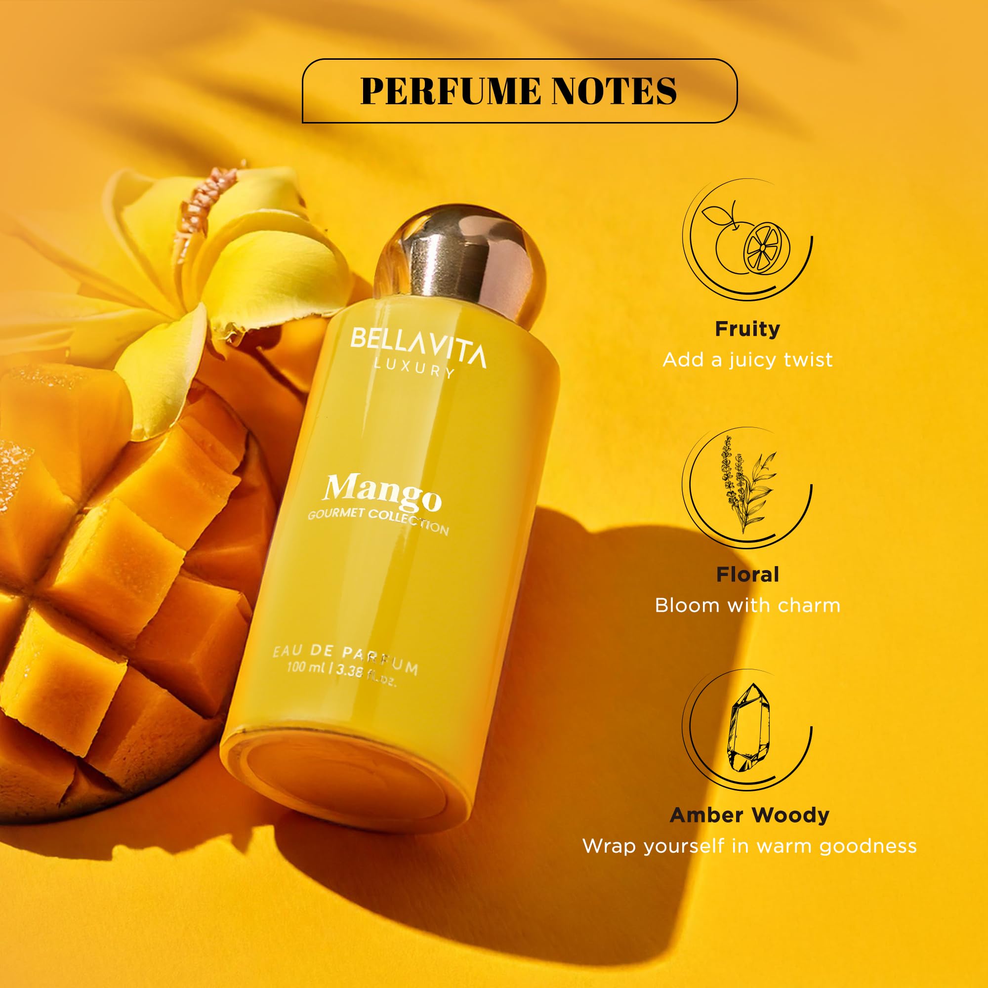Bellavita Mango EDP bottle with cap open, hinting at a vibrant mango opening.