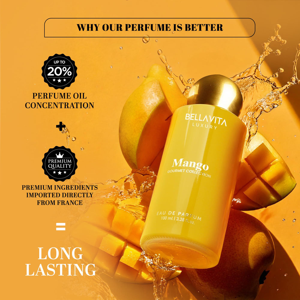 Bellavita Mango EDP orange blossom accent delivers a sunny floral lift.