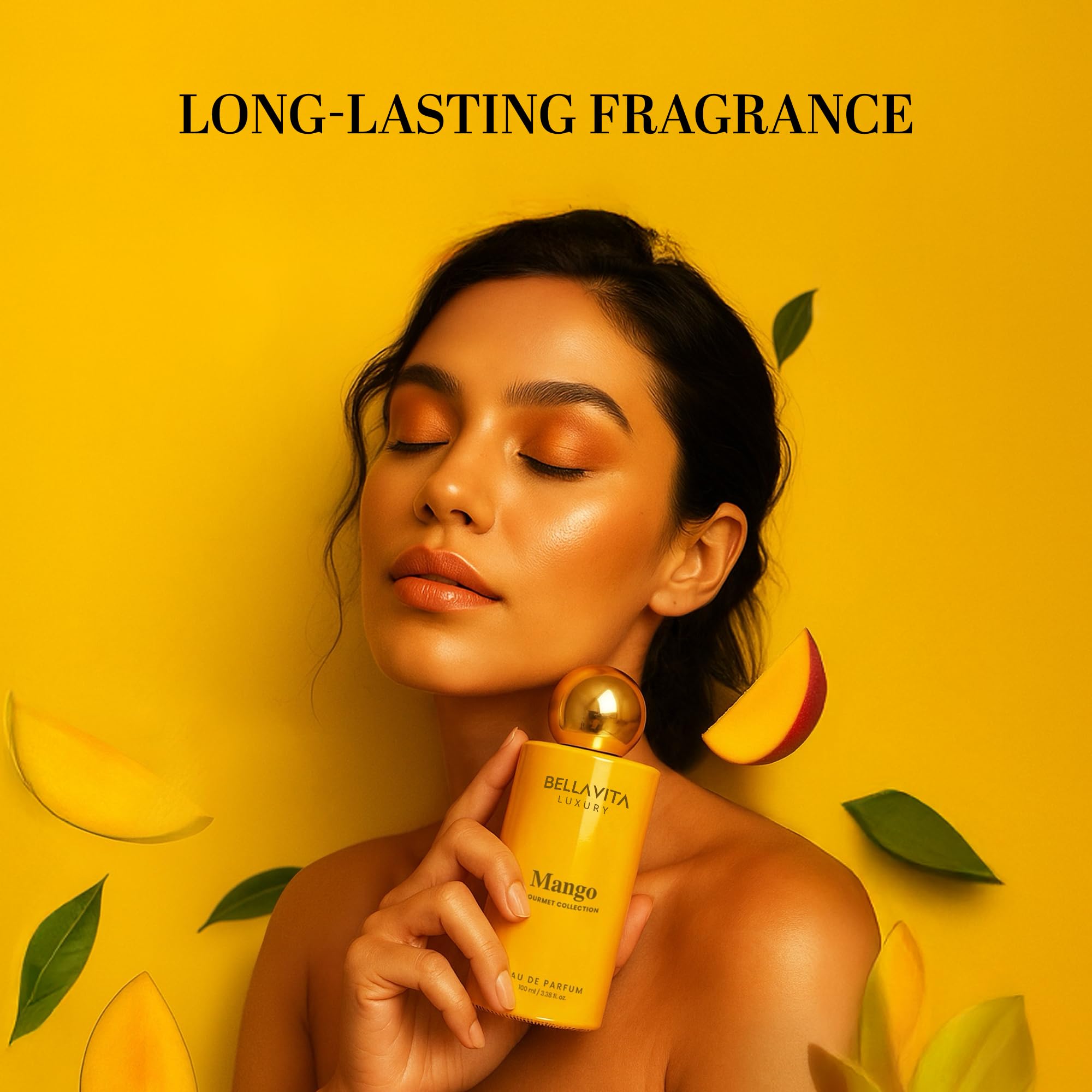 Bellavita Mango EDP heart note scene with ylang-ylang and coconut, creamy warmth.