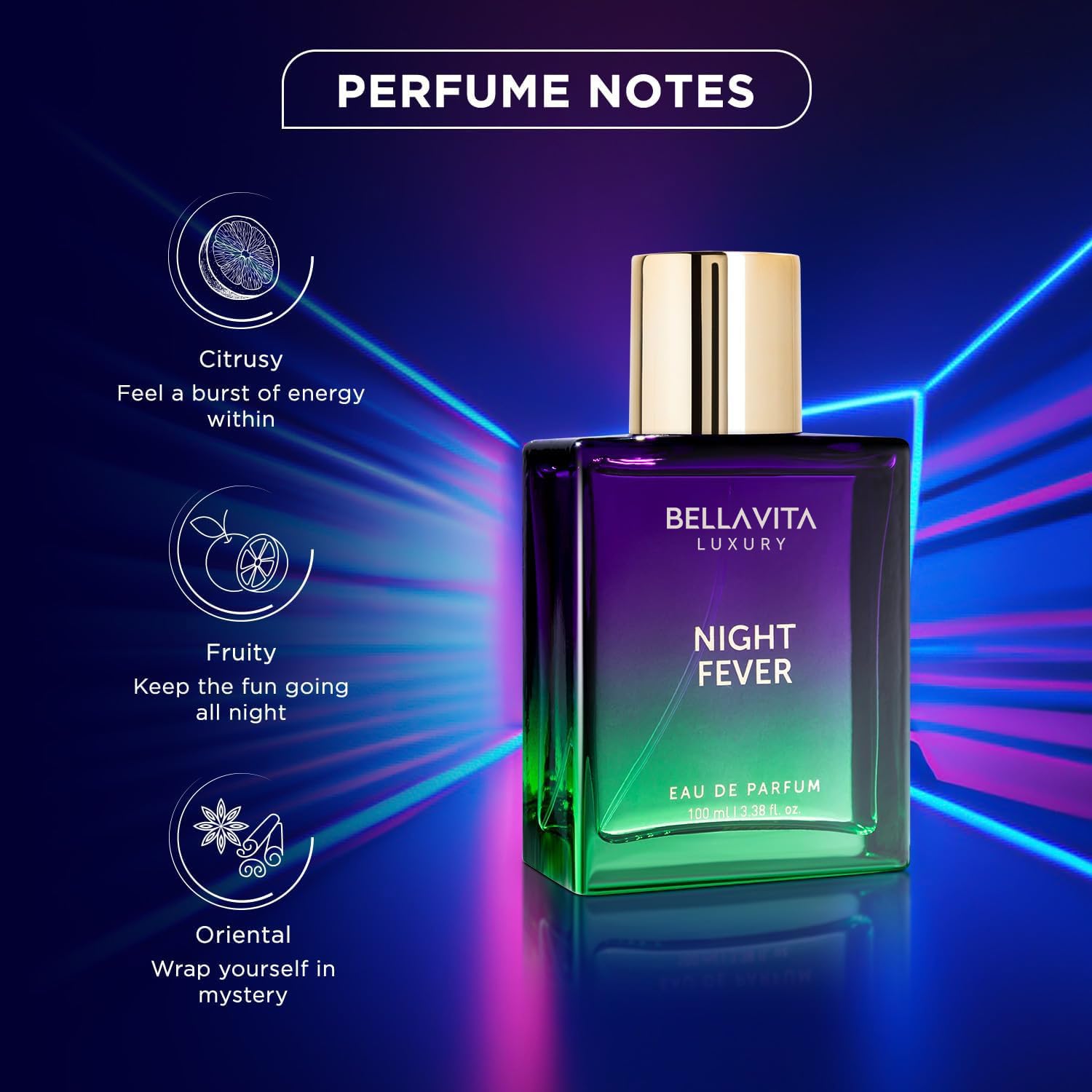 Bellavita Night Fever bottle side reveals sleek packaging for versatile use.