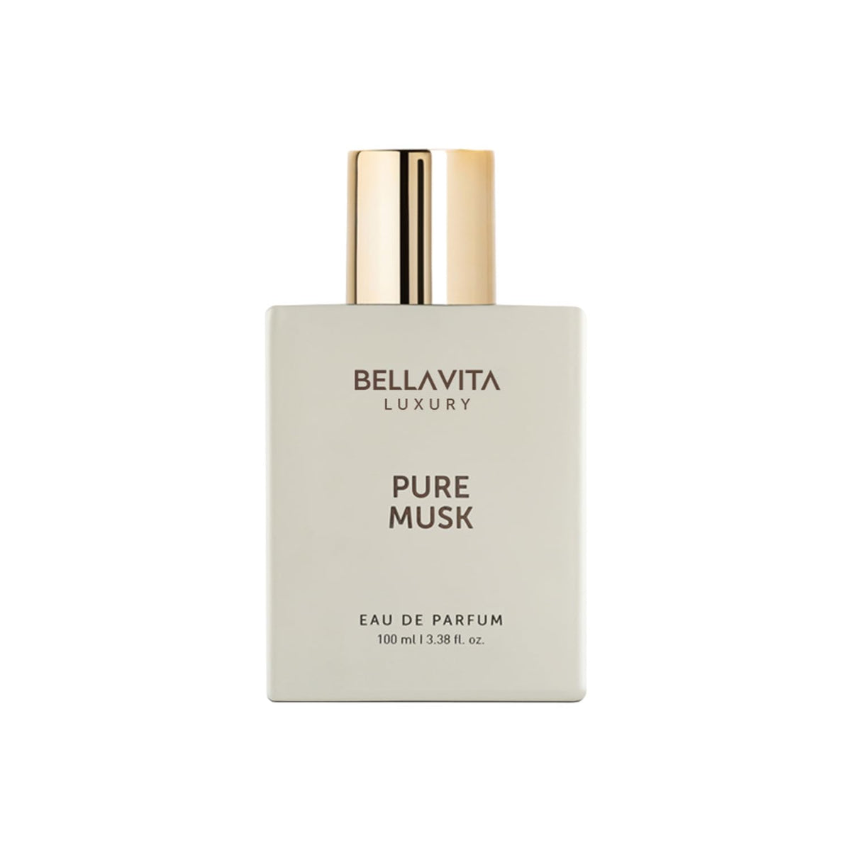 BellaVita Pure Musk bottle closeup highlighting luxurious wood notes for all-day wear.