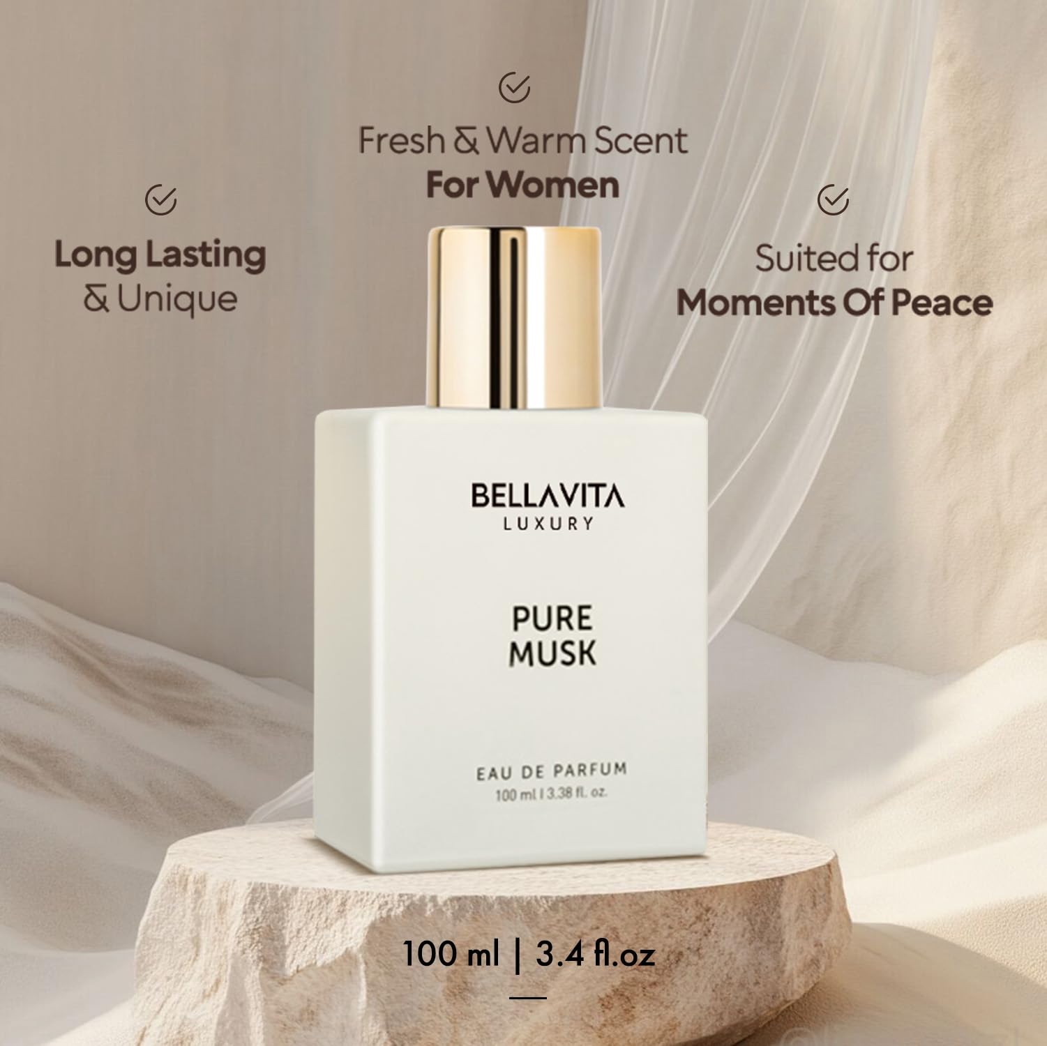 BellaVita Pure Musk close shot shows sandalwood base for warm evenings.