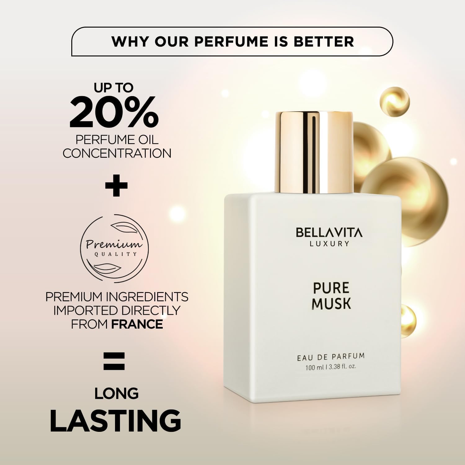 BellaVita Pure Musk packaging design evokes premium fragrance.