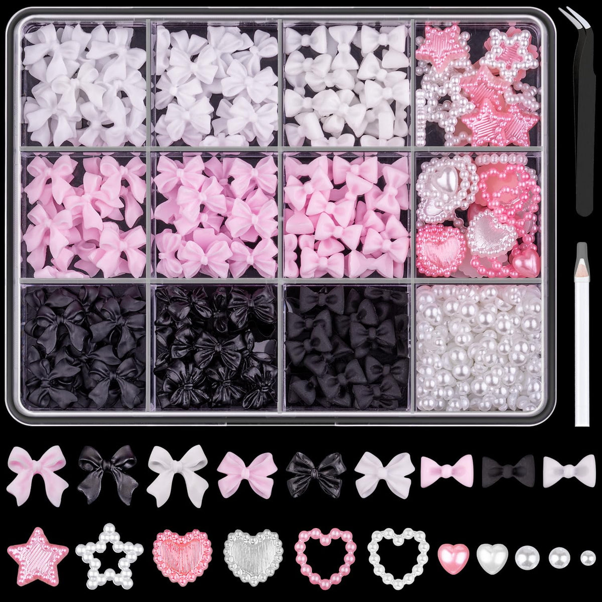 BELLEBOOST 600pcs 3D bow charms in pink, white, black for versatile DIY nail art designs