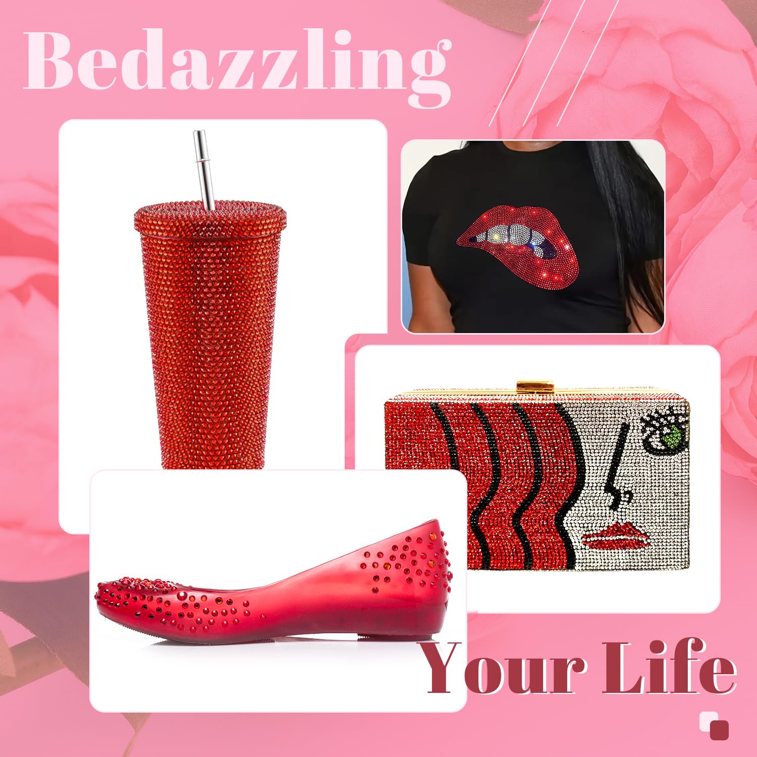 BELLEBOOST rhinestones embellishing cups, bags, and clothing