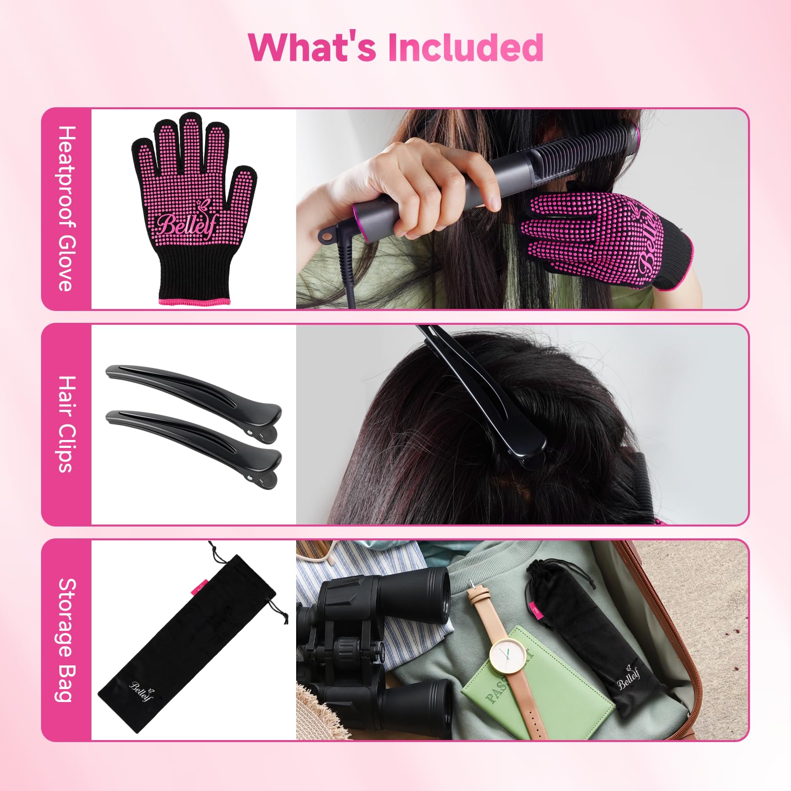 Bellelf flannel bag and hair clips for travel-ready storage