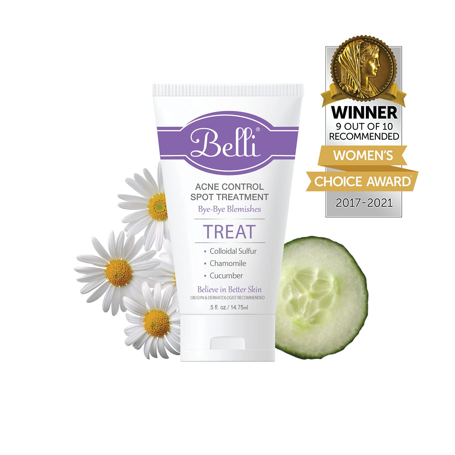 Belli Acne Control Spot Treatment ingredients display, featuring tea tree and colloidal sulfur.