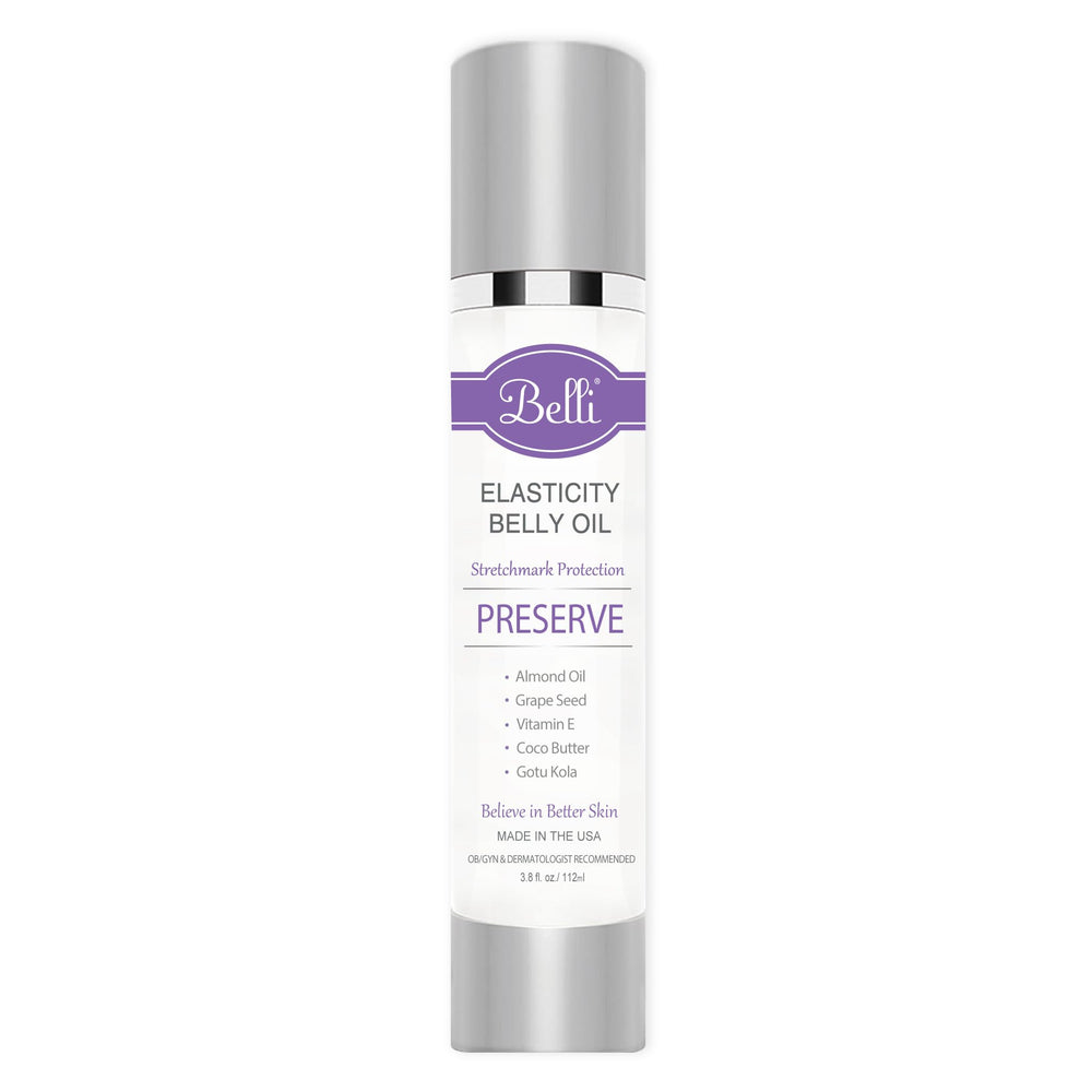 Belli pregnancy stretch mark belly oil bottle promotes daily moisture for sensitive maternity skin.
