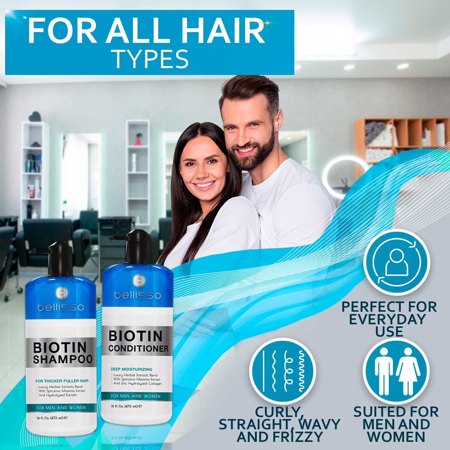 Bellisso all-hair-types packaging suggests universal suitability for straight to curly hair.