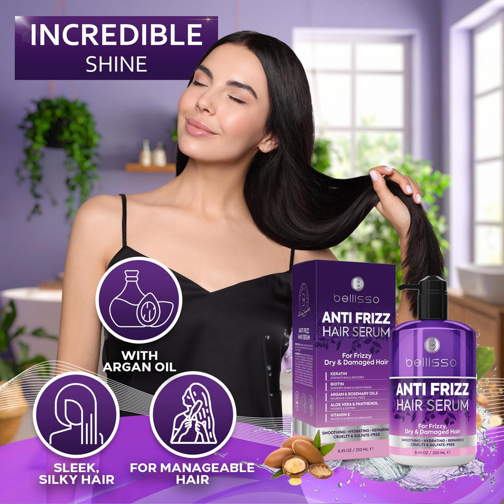 BELLISSO Anti Frizz Serum bottle dispensing feature for easy use