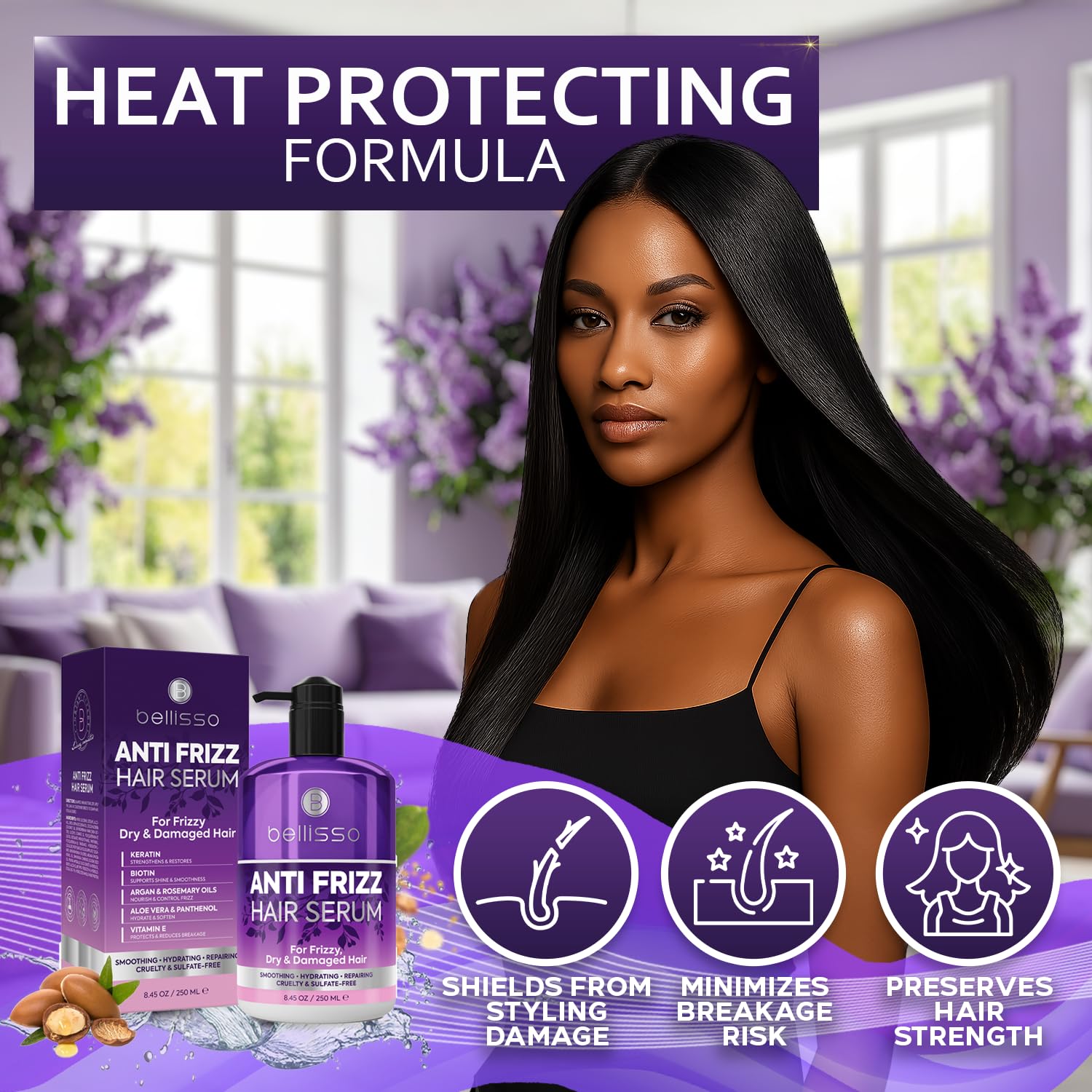 BELLISSO Anti Frizz Serum with humidity protection keeps strands controlled