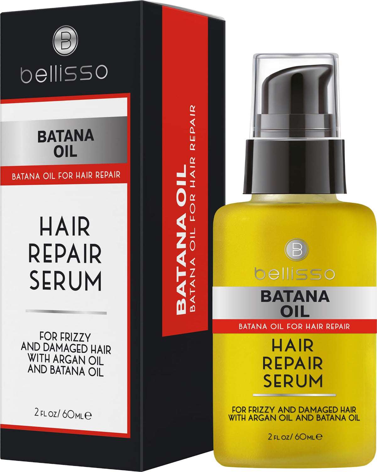 Bellisso Batana Oil Serum bottle with pump for easy application and frizz control.